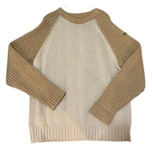 RuffHewn Cotton Wool Sweater Knit Beige with Brown Sleeves Crew Neck Large